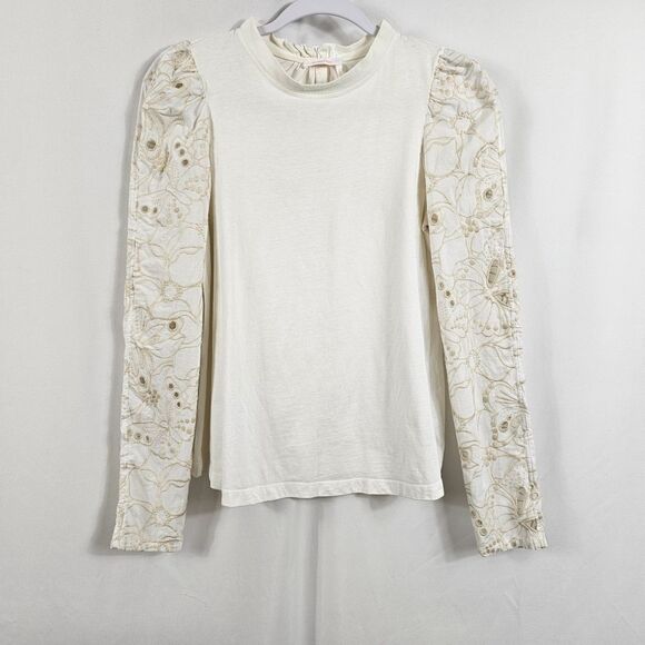 See By Chloe Long Sleeve Top with Embroidered Eyelet Sleeves in White - Size S - Picture 1 of 14